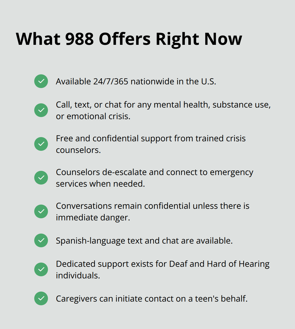 Checklist of 988 Lifeline features and access options for immediate teen crisis support.