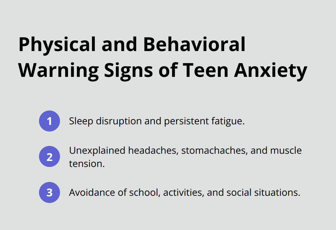 Three core physical and behavioral warning signs of teen anxiety summarized.