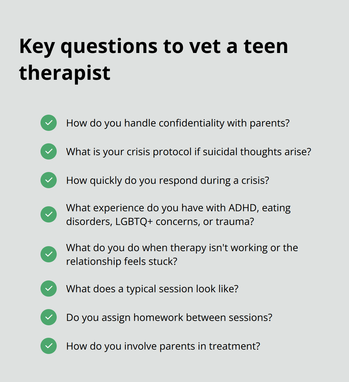 Finding Teen Therapists: A Step-By-Step Parent Guide Checklist of important questions parents can ask potential teen therapists. - finding teen therapists