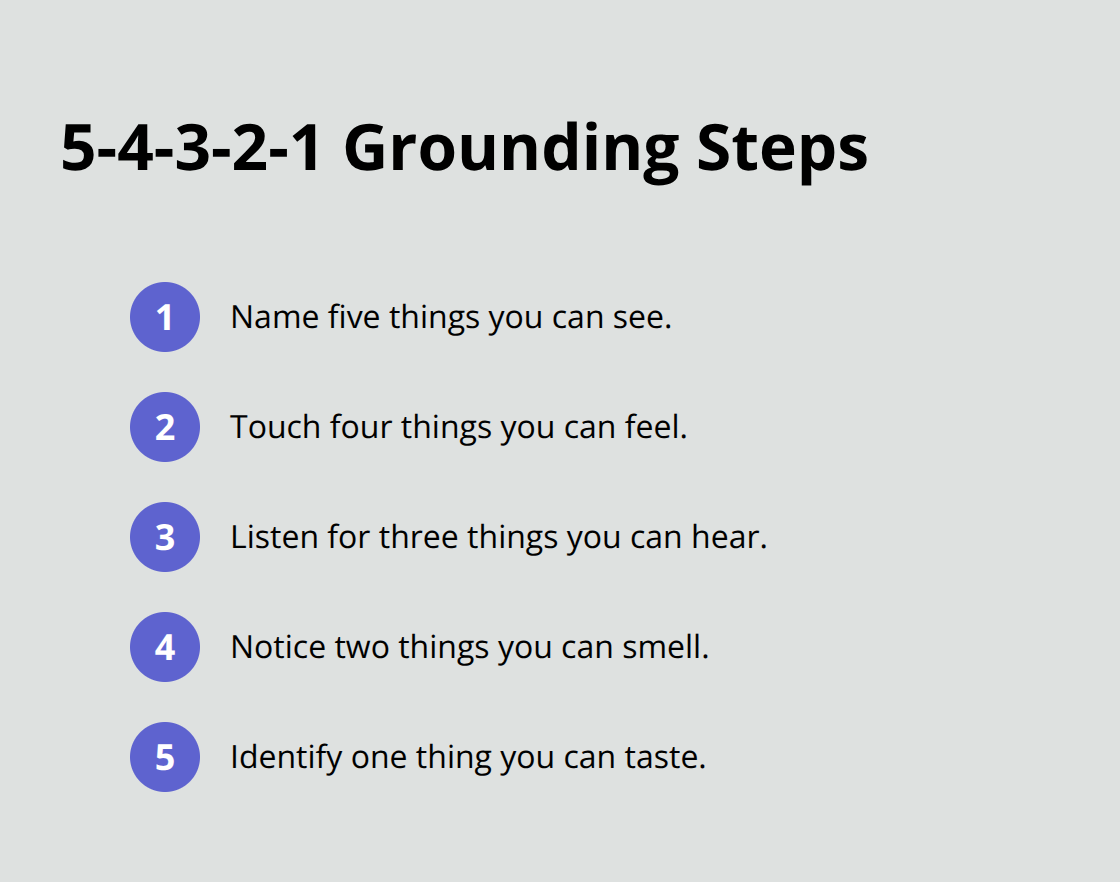 Compact ordered list outlining the five sensory steps of the 5-4-3-2-1 grounding exercise for teens. - guidance for anxious teens