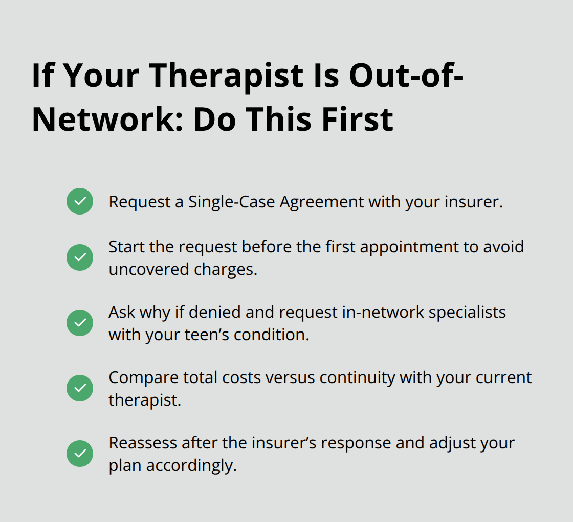 Checklist of immediate steps to manage out-of-network teen therapy costs.