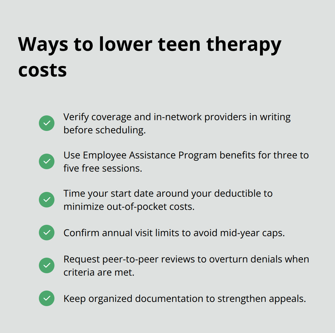 Checklist of steps families can take to reduce out-of-pocket costs for teen therapy - Insurance friendly teen therapy