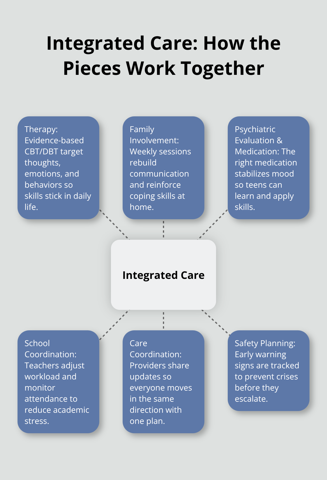 Diagram showing the core components of integrated teen mental health care and how they connect - integrated care teens families
