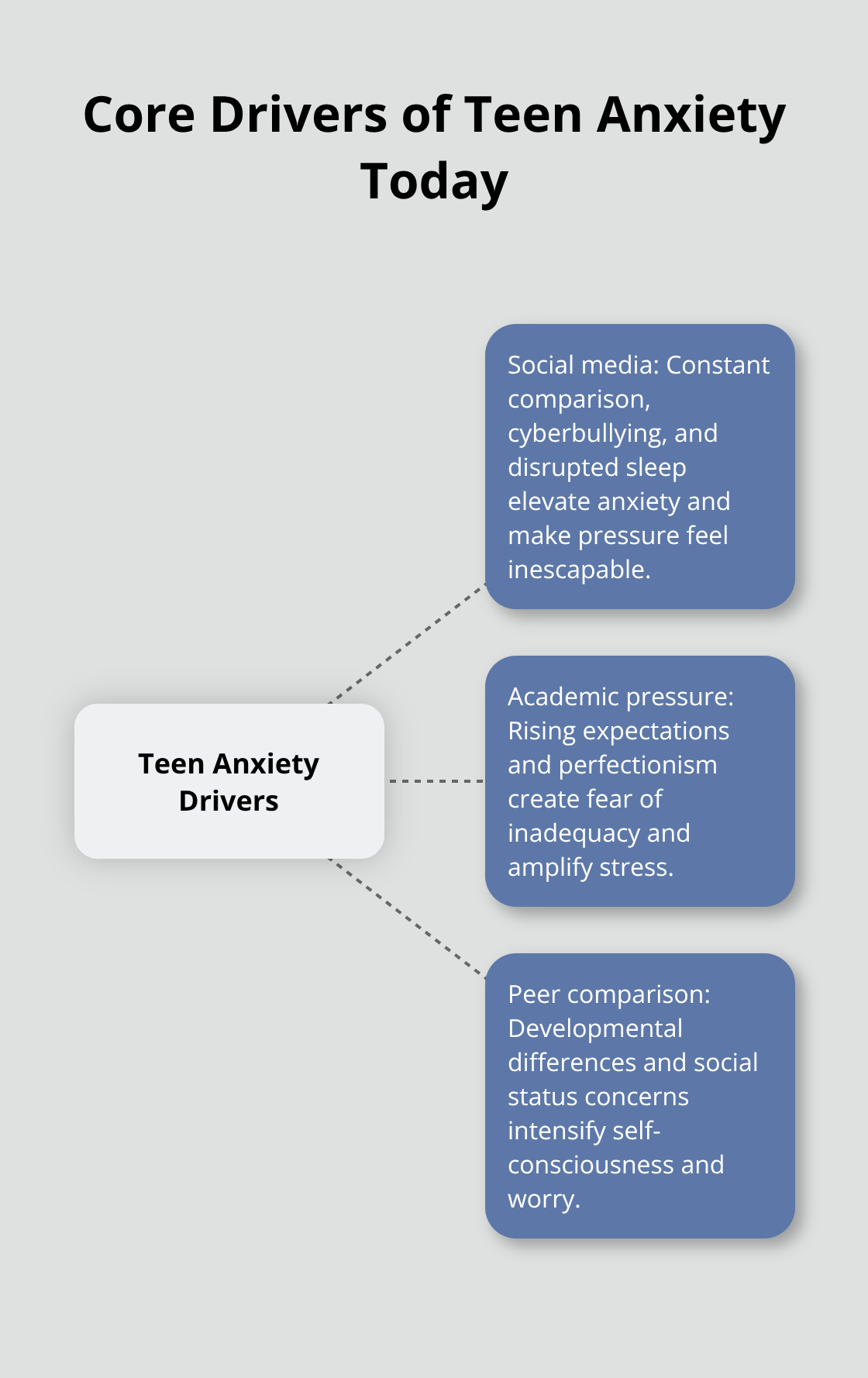 Managing Teen Anxiety Symptoms: From Symptom Recognition To Action Hub-and-spoke diagram showing main drivers of teen anxiety