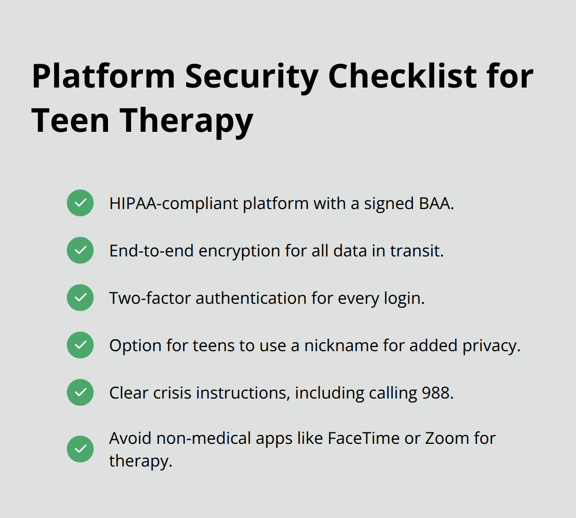 Checklist of must-have online therapy security features for U.S. teens