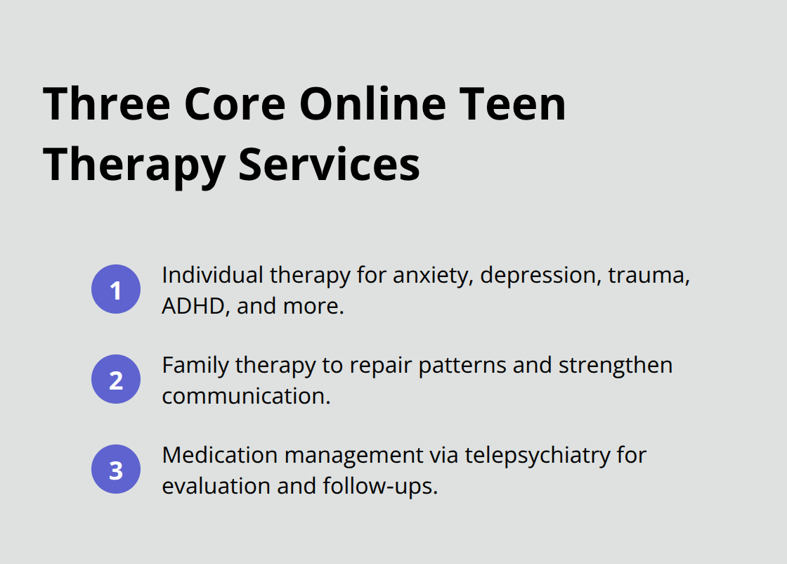 Compact list of the main online teen therapy service types - online teen therapy options