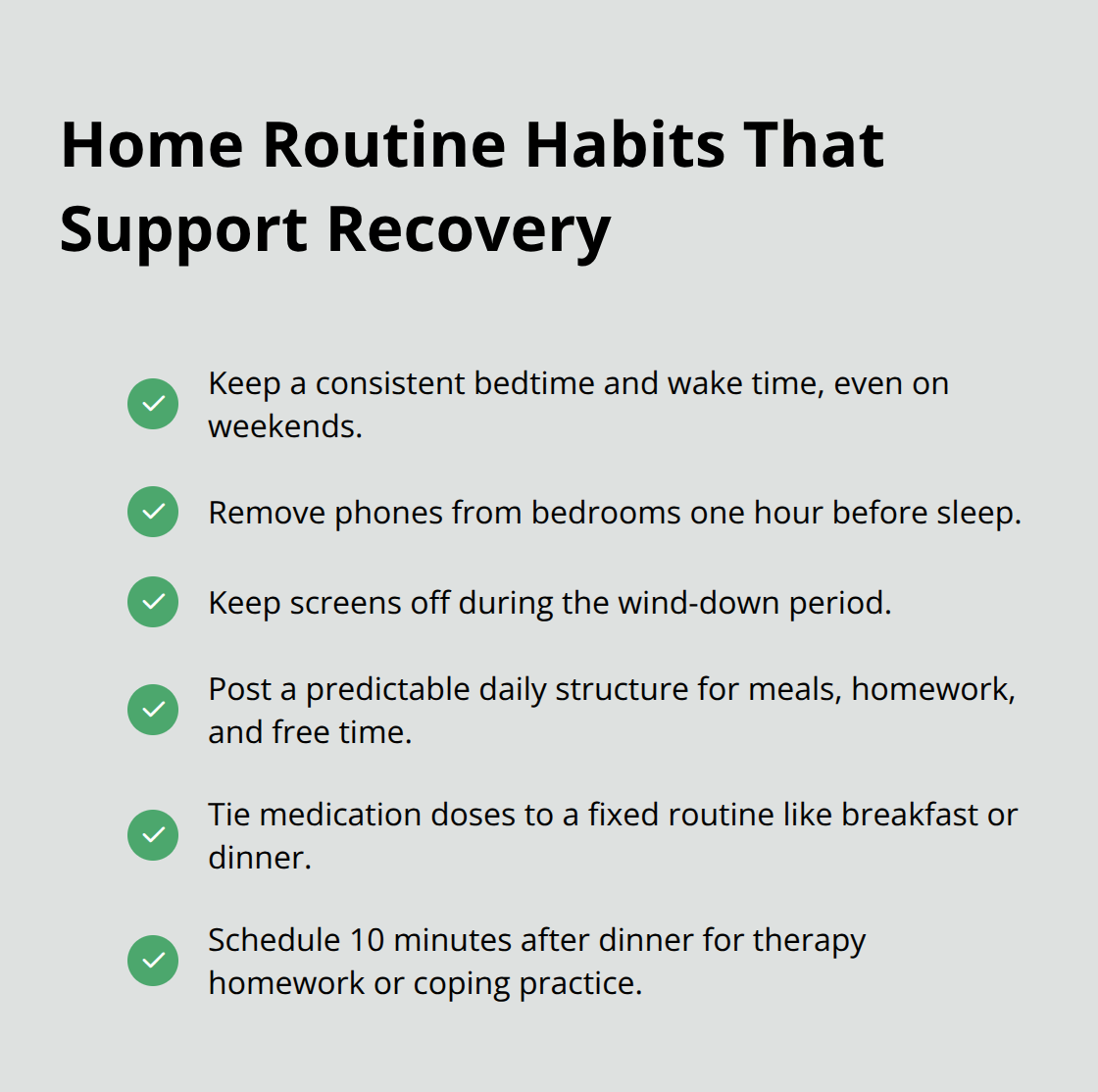 Six evidence-aligned home habits that reinforce adolescent mental health treatment.