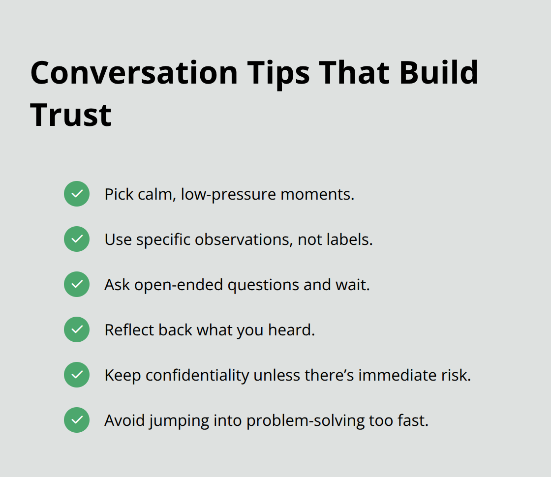 Checklist of practical ways parents can open supportive mental health conversations with teens.