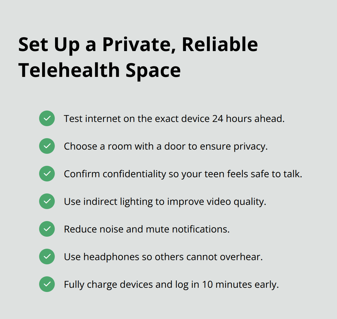 Scheduling Telehealth for Adolescents: A Practical Guide for Busy Parents Checklist of quick steps to prepare your teen’s space and tech for a confidential telehealth session. - scheduling telehealth for adolescents