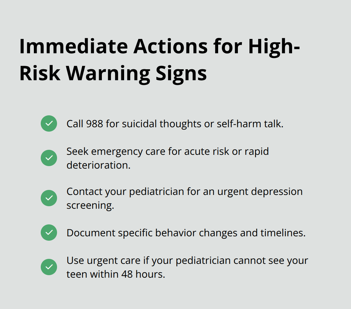 Checklist of urgent steps parents should take when teen depression red flags appear.