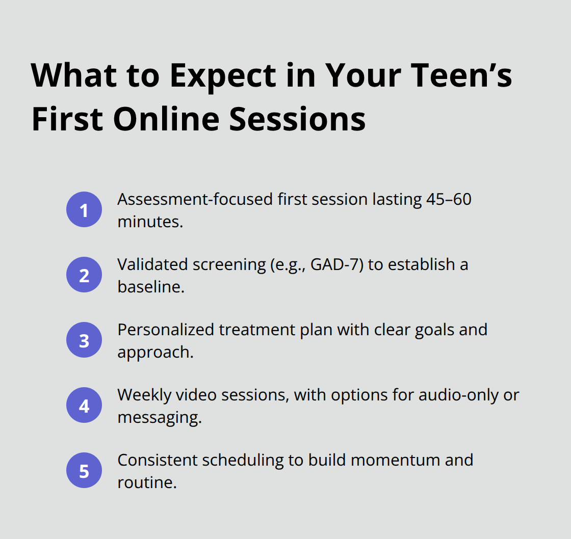 Compact list outlining the first-session flow and weekly structure for online teen therapy.