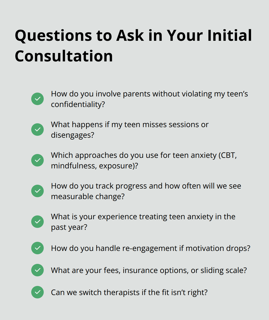 Checklist of essential questions parents can ask when vetting an online teen therapist. - teen anxiety online therapy