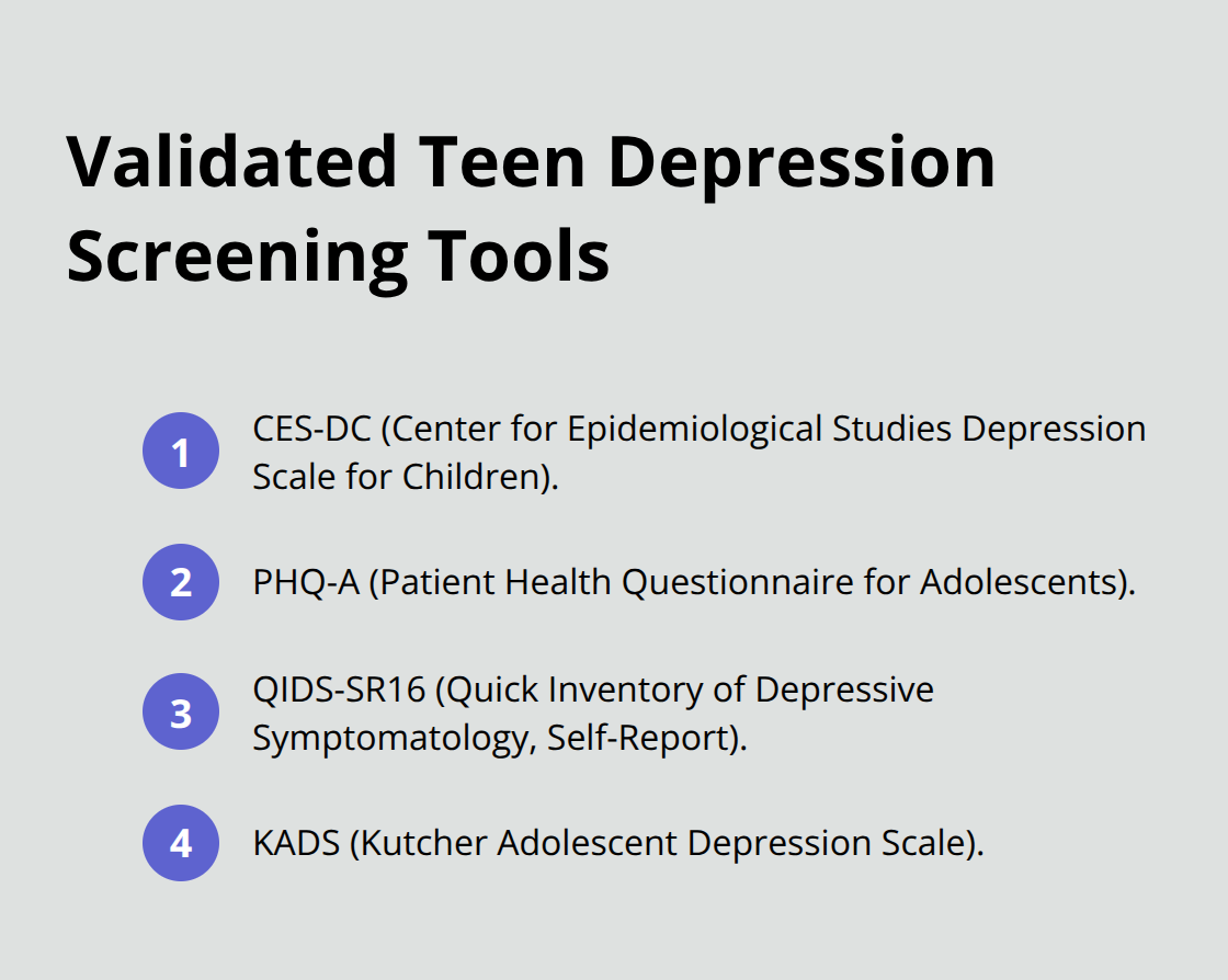 Compact list of validated screening instruments used with adolescents.