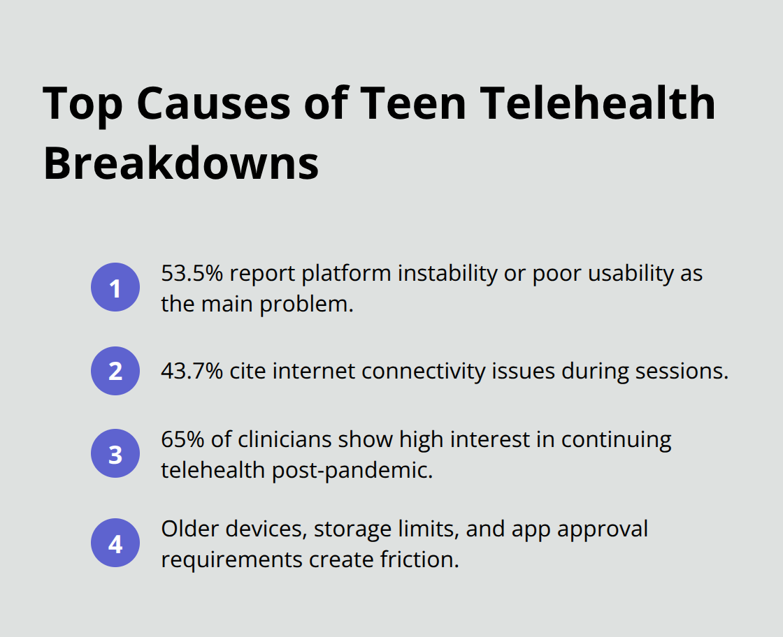 Compact list summarizing leading technical barriers and clinician interest related to teen telehealth sessions in the U.S. - telehealth access barriers adolescents