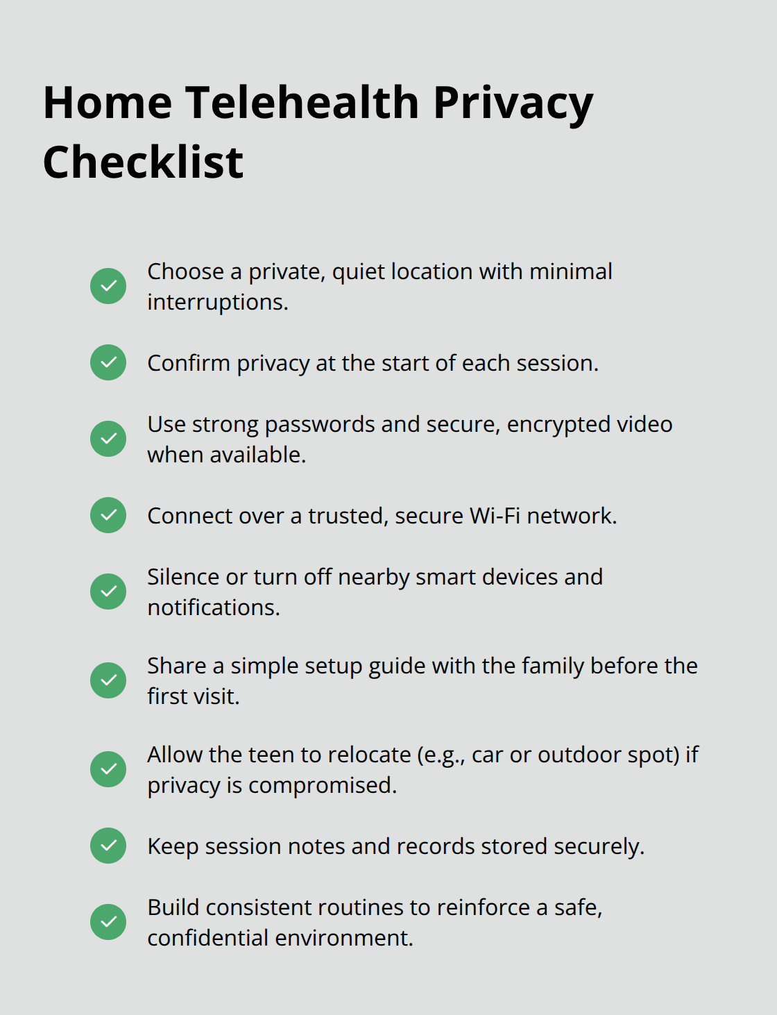 Checklist of practical steps to ensure privacy and confidentiality for teen telehealth sessions at home - telehealth benefits for adolescents