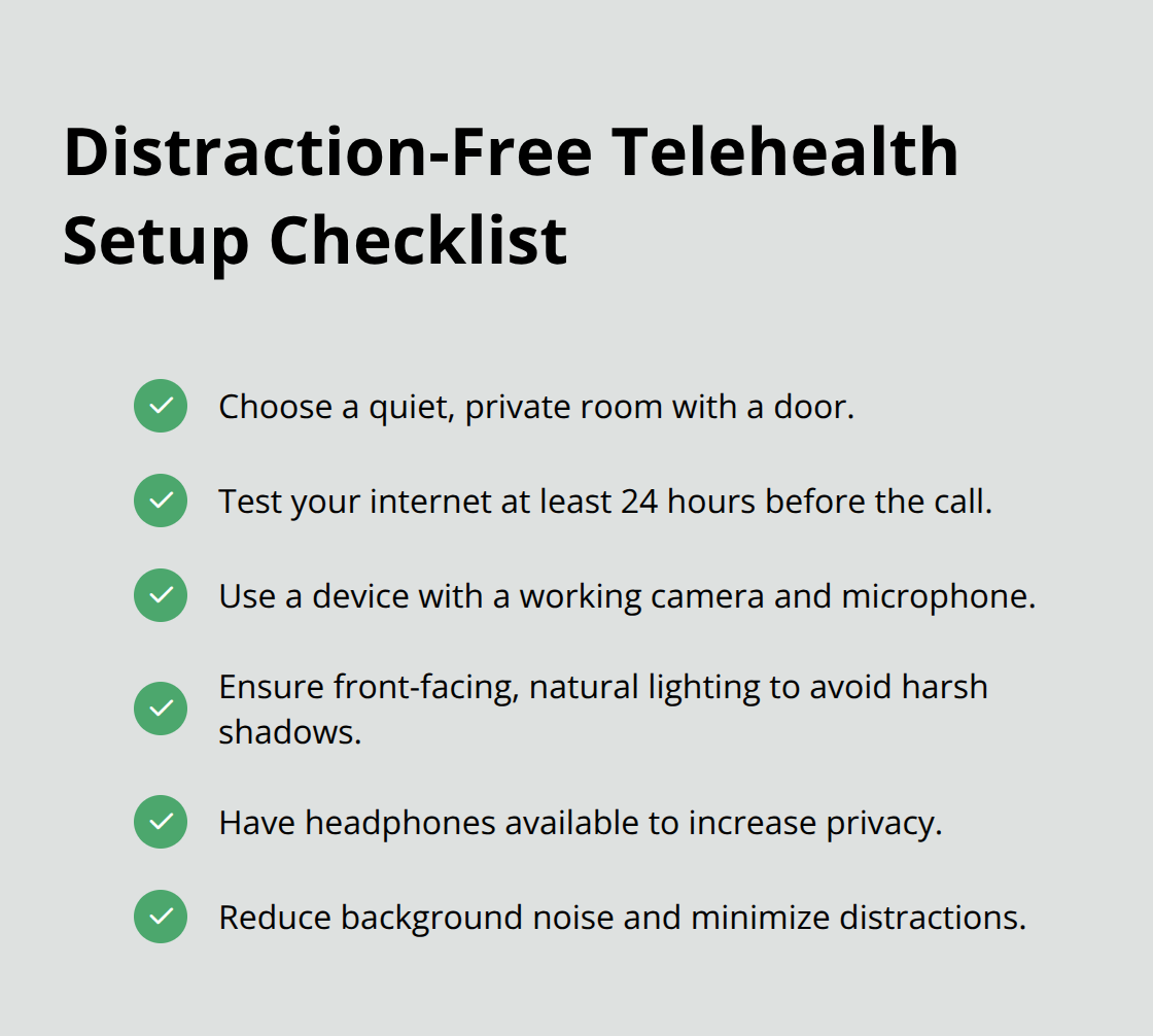 Checklist of steps to create a quiet, private, and technically ready telehealth environment for teens.